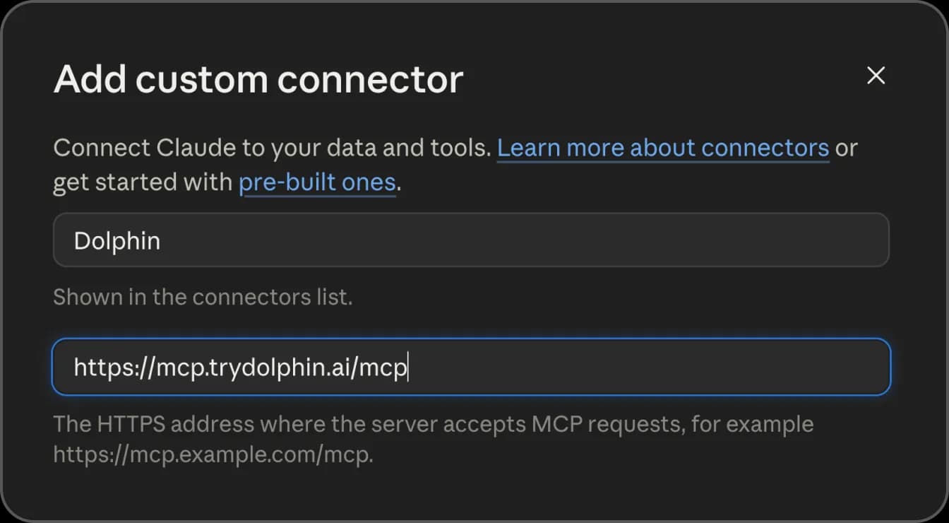 Claude's Add custom connector dialog with the Dolphin MCP URL filled in